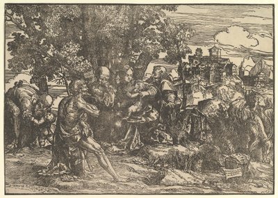Marie assise sous les arbres avec bébé, flanquée de Joseph à gauche et de Saint Jérôme à droite, 1517 - Domenico Campagnola