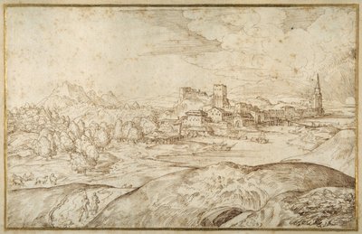 Paysage montagneux avec une rivière et une ville fortifiée avec une tour à flèche - Domenico Campagnola