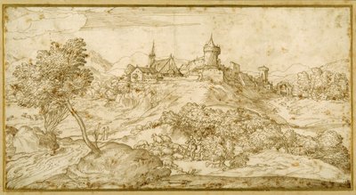 Paysage montagneux avec une ville fortifiée sur une colline : un berger accosté alors qu