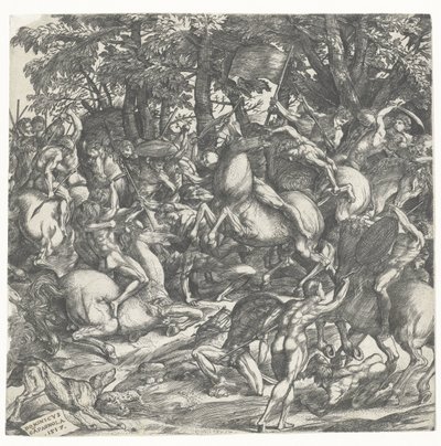 Hommes nus avec des lances à cheval en combat - Domenico Campagnola