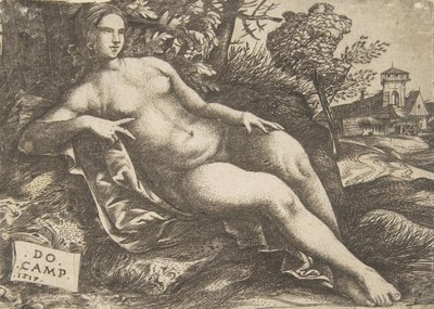 Femme nue Vénus allongée dans un paysage - Domenico Campagnola