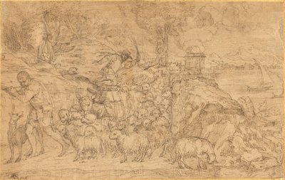 Berger jouant de la flûte et conduisant son troupeau - Domenico Campagnola