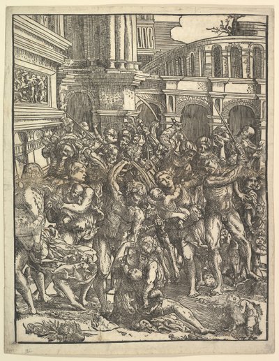 Le Massacre des Innocents côté droit avec un groupe de figures masculines attaquant des femmes et..., 1517 - Domenico Campagnola