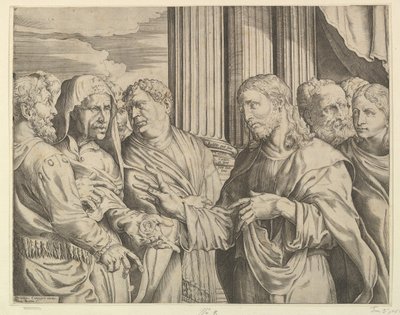 Le paiement du tribut : Christ au centre droit faisant un geste vers un homme à sa gauche avec des pièces de monnaie, vers 1564-89 - Domenico Campagnola