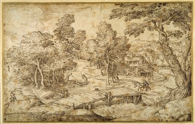 Paysage boisé avec une ferme et un pont en bois sur une écluse - Domenico Campagnola