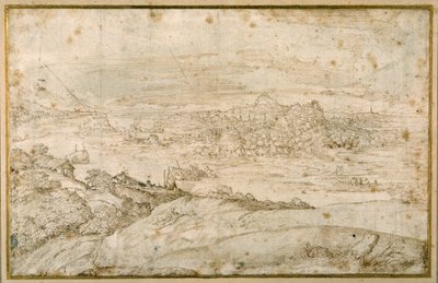 Paysage boisé avec une rivière sinueuse; au loin une ville, un mélange de flèches et de dômes avec des ruines antiques - Domenico Campagnola