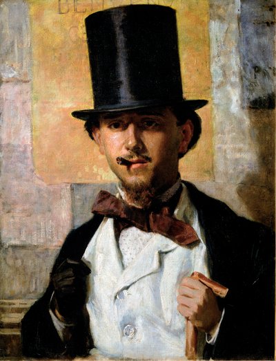 Portrait du peintre italien Bernardo Celentano (1835-1863) Homme élégant en haut-de-forme et costume, nœud papillon, canne et gant. Peinture de Domenico Morelli (1826-1901) 1859 Dim. 67x52 cm Rome, Galleria Nazionale d