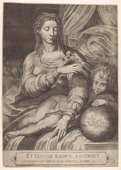 Madone de la Rose, elle tend la main vers une rose tenue par l
