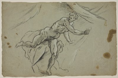 Femme nue avec un morceau de tissu dans les mains quittant précipitamment une tente - Domenico Tintoretto