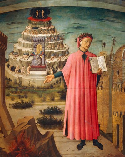 Dante Alighieri avec la Divine Comédie à la main et les montagnes du purgatoire en arrière-plan (détail) - Domenico di Michelino