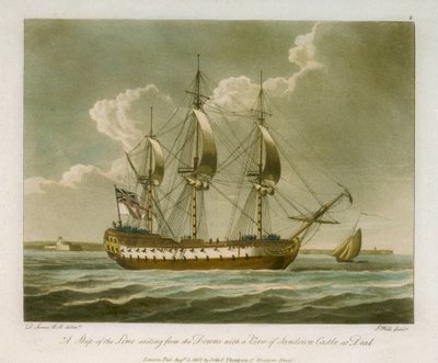 Un vaisseau de ligne naviguant depuis les Downs avec une vue du château de Sandown à Deal - Dominic Serres