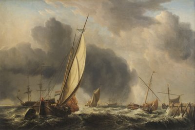Bateaux de pêche et vaisseau de guerre dans une brise à l