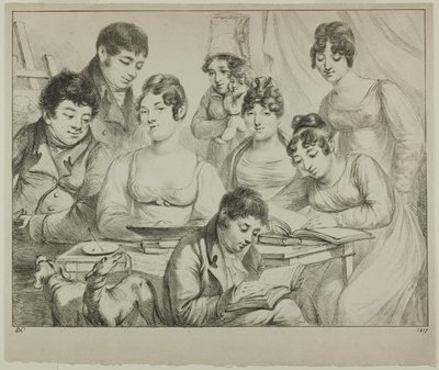 Conversation, une famille dessinant et lisant, la nourrice tenant un nourrisson, un portrait du prince Edmond de Beauvau derrière une chaise, et des portraits de Madame Lavallée et Madame Vallory, toutes deux assises - Dominique Vivant Denon