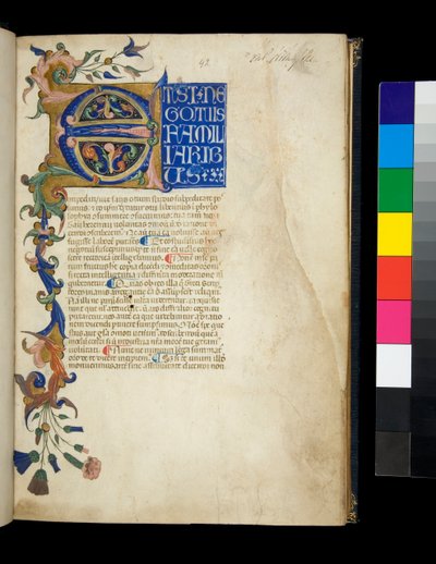 Pseudo-Cicéron, Rhetorica ad Herennium, et autres œuvres, initiale illuminée [E] et bordure partielle avec feuille d
