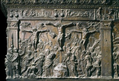 Représentation du bon larron (Dismas) et du mauvais larron (Gesmas), crucifiés avec Jésus-Christ. (détail) - Donatello