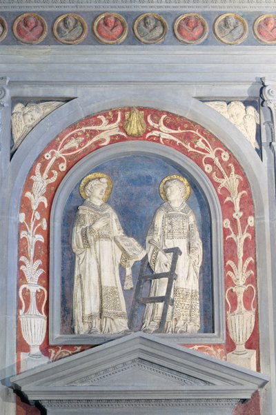 Saint Laurent et Saint Étienne, bas-relief au-dessus de la porte nord, vers 1440 - Donatello