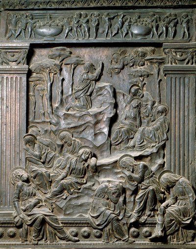 La prière au Mont des Oliviers. Bas-relief de la chaise à gauche, vers 1460 - Donatello