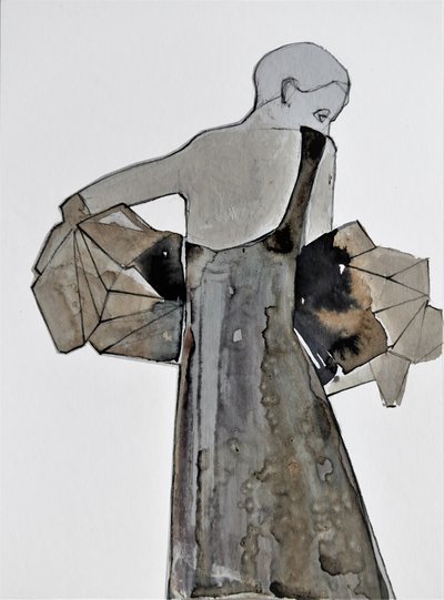 Femme contemplative en gris - Doris Schmitz