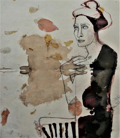 Personnage pensif et feuilles - Doris Schmitz