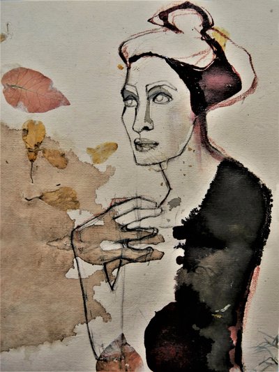 Femme pensive avec des feuilles - Doris Schmitz