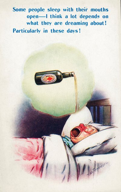 Alcoolisme : homme dormant la bouche ouverte et rêvant de bière (lithographie couleur) - Douglas Tempest
