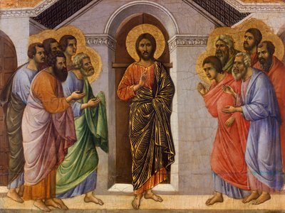 Le Christ apparaît aux apôtres à huis clos, détail des Épisodes de la Passion et de la Résurrection du Christ, partie de la Maestà du Retable de Duccio dans la cathédrale de Sienne - Duccio di Buoninsegna