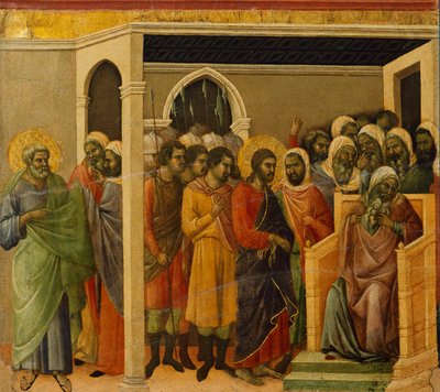 Le Christ devant Caïphe, détail de carreau des Épisodes de la Passion et de la Résurrection du Christ, verso de la Maestà du Retable de Duccio dans la cathédrale de Sienne - Duccio di Buoninsegna