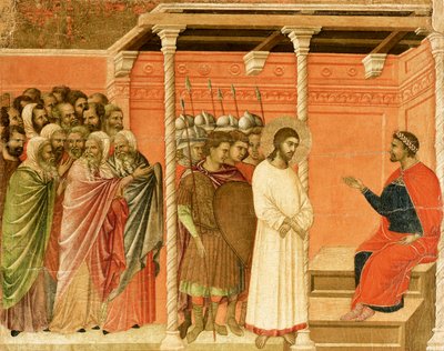 Le Christ devant Pilate, détail de carreau des Épisodes de la Passion et de la Résurrection du Christ, verso de la Maestà du Retable de Duccio dans la cathédrale de Sienne - Duccio di Buoninsegna
