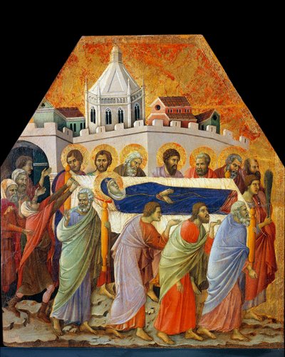 Les funérailles de la Vierge, Saint Jean avec le palmier ouvre la voie - Duccio di Buoninsegna