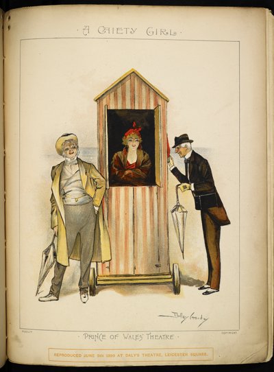 Une fille dans une cabine de changement mobile, sur la plage de la Riviera. Deux hommes, peut-être les personnages, le juge et l