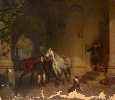 Cavalier avec deux chevaux devant un château - Düsseldorfer Maler um 1850