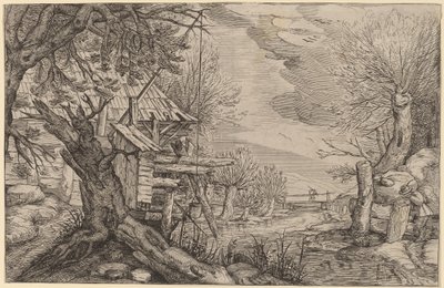 Paysage avec maison en rondins près d