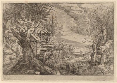 Paysage avec maison en rondins près d