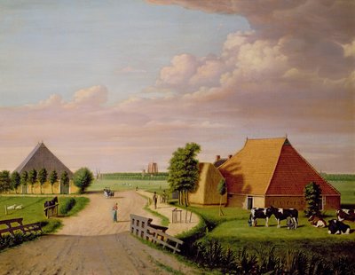 Étude de Leevwarden en Hollande avec un troupeau de vaches frisonnes au premier plan - Dutch School