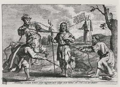 Caricature de Luther, Calvin et Menno Simons disputant le Christ et son enseignement - Dutch School