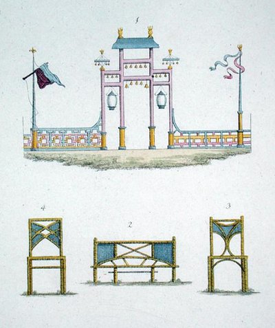 Porte chinoise et sièges de jardin, de 