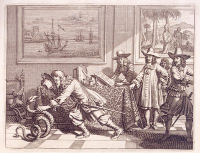 Affrontement avec un cobra qui a envahi les chambres des officiers néerlandais, 1672 - Dutch School