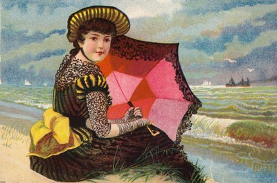 Fille hollandaise, avec parasol, au bord de la mer - Dutch School
