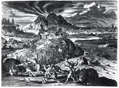 Tremblement de terre à Edo (Tokyo) en 1659, illustration du récit par Arnold Montanus des ambassades envoyées par la Compagnie néerlandaise des Indes orientales à l
