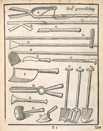 Outils de jardin, de Le Jardinier hollandais par Johann van der Groen, publié en 1699 - Dutch School