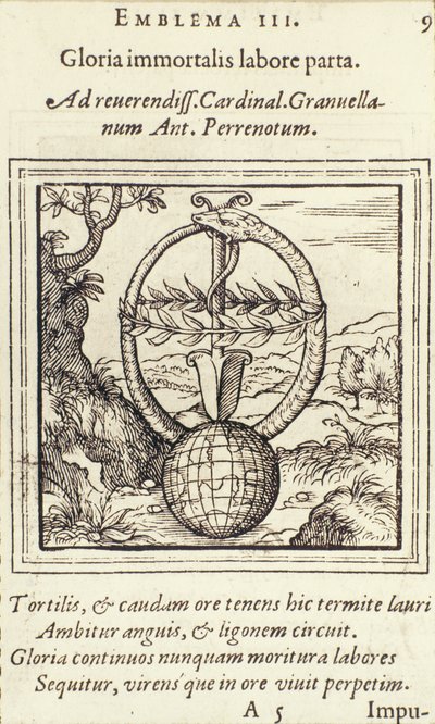 Gloria immortalis labore parta, illustration de Emblemata par Hadrianus Junius, publié par Christophe Plantin, Anvers, 1565 - Dutch School