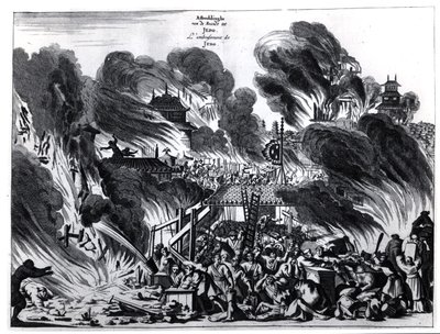 Grand incendie à Yedo (Tokyo) au XVIIe siècle, illustration du récit par Arnold Montanus des ambassades envoyées par la Compagnie néerlandaise des Indes orientales à l