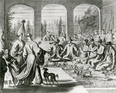 Jésuites avec des marchands néerlandais et portugais à la cour japonaise, vers 1670 (gravure) - Dutch School