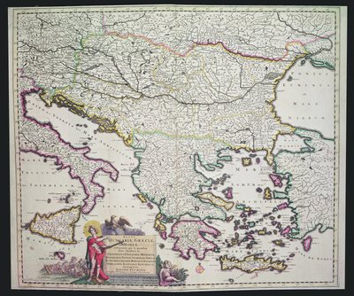 Carte de la Grèce, de la Hongrie et de leurs pays environnants (gravure en couleur) - Dutch School