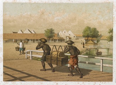 Porteurs indigènes transportant des bagages, Indes orientales néerlandaises - Dutch School