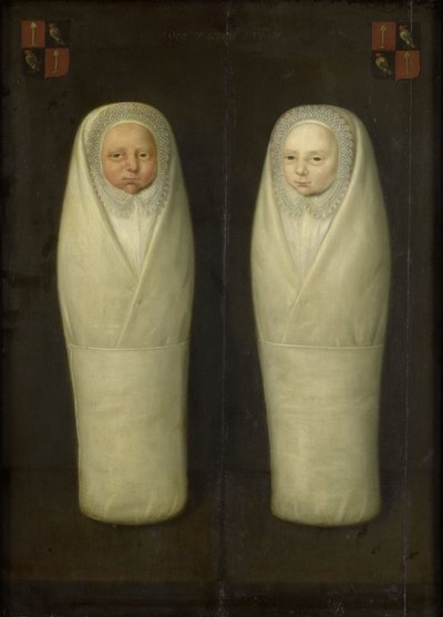 Portrait de jumeaux emmaillotés : les enfants décédés prématurément de Jacob de Graeff et Aeltge Boelens, vers 1617 - Dutch School