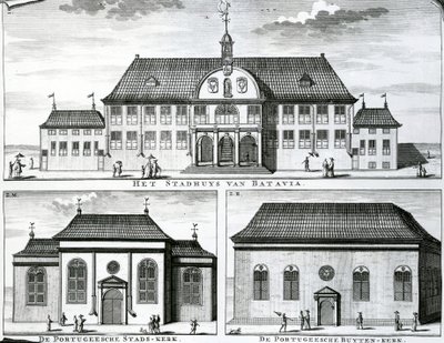 Église portugaise et hôtel de ville à Batavia, 19ème siècle - Dutch School