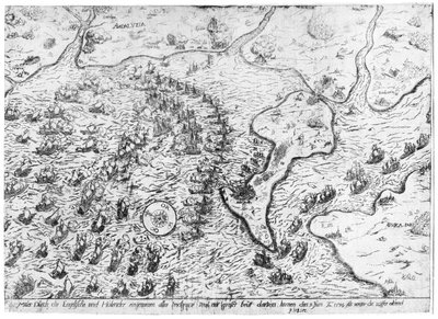Les forces anglaises et néerlandaises face à la flotte espagnole dans le port de Cadix en 1596 - Dutch School
