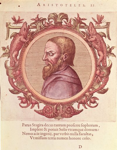 Le philosophe Aristote (384-322 av. J.-C.), illustration de Veterum et Recentium Medicorum Philosophorumque Icones par Johannes Sambucus (1531-1584), publiée par Plantin à Anvers en 1574 (gravure en couleur) - Dutch School