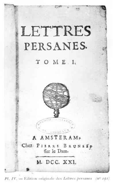Page de titre de Les Lettres Persanes par Charles de Montesquieu (1689-1755) 1721 - Dutch School